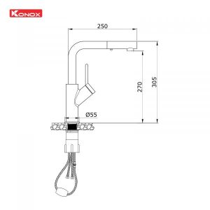 kích thước vòi rửa bát konox artan chrome dây rút